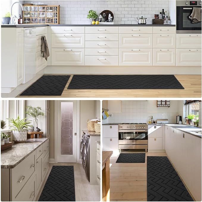 hicorfe Kitchen Runner Rugs and Mats Sets,2 Pieces Absorbent Non-Slip Kitchen Rug,Comfort Kitchen Mat for Floor,Washable for Kitchen,Hallway,Office,Sink,Laundry(20"x48"+20"x32",Charcoal)