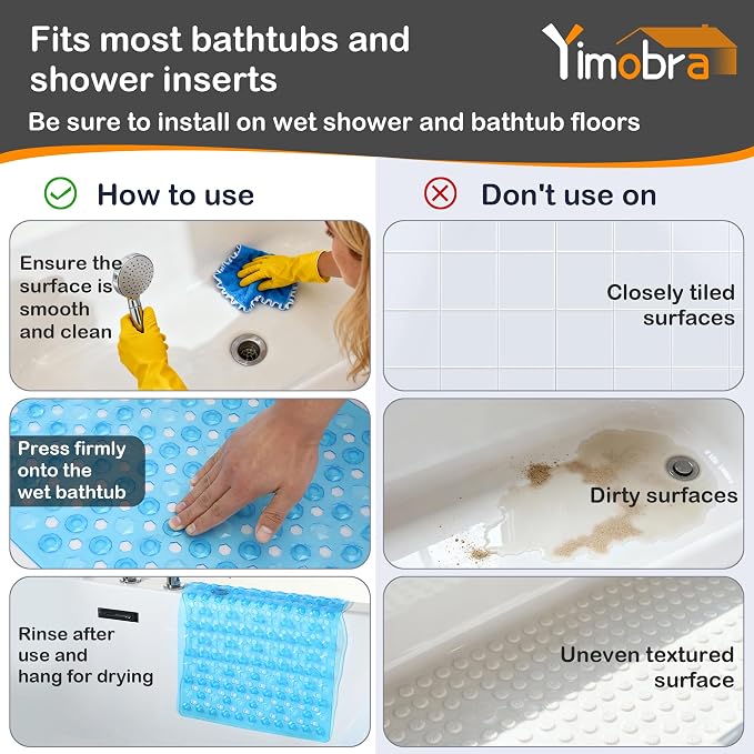 Yimobra Bathtub Mat Non Slip, 27.5"X15.5" Machine Washable Shower Floor Mat, Soft on Feet, Bathmat with Drain Holes and Suction Cups, Bathroom Essentials, Clear Blue
