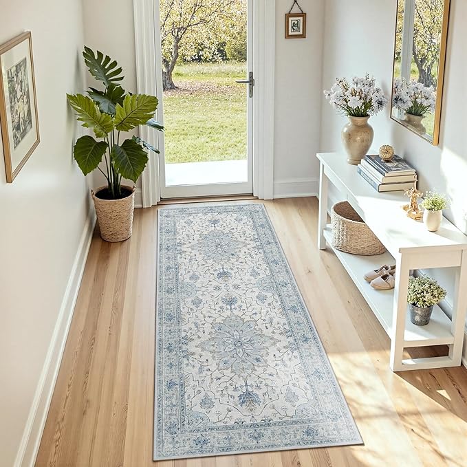 RELEANY Area Rugs Runner 3'x6' Washable Non-Slip, Floral Vintage Distress Medallion Carpet for Kitchen Hallway Bedroom Beside Laundry Room Bathroom, Light Blue Navy Gray White