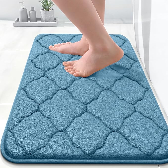 OLANLY Memory Foam Bath Mat Rug 24x16, Ultra Soft and Absorbent Bathroom Rugs, Non-Slip, Comfortable, Machine Washable Bath Carpet for Bathroom Floor, Tub, Shower and Home Decor Accessories, Blue