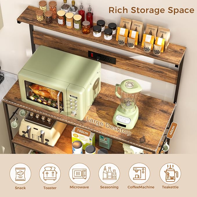VUSIGN Kitchen Bakers Rack with Power Outlet, 4 Tiers Microwave Stand with Storage, 39.4 Inch Coffee Bar Station with 6 S Hooks, Adjustable Bakers Rack with Storage for Spices/Pans/Pots, Rustic Brown