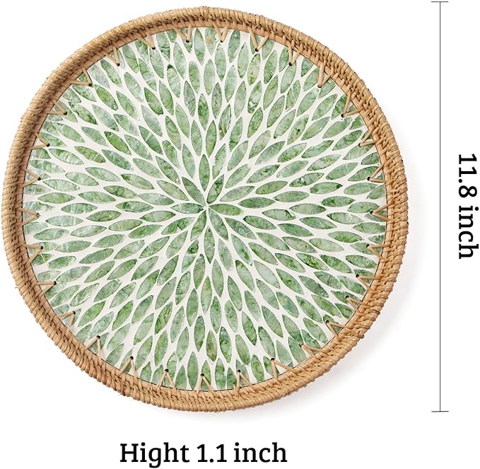 Round Rattan Tray with Mother of Pearl Inlay, Decorative Wicker Serving Tray with Wooden Base, Woven Basket Trays for Bread Fruits Coffee, Leaf