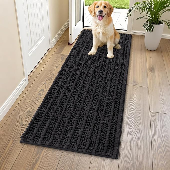 Smiry Dog Door Mat for Muddy Paws 59x24, Absorbent Dirt Trapper, Non-Slip Washable Chenille Entryway Rug for Inside Floor, Black, Layered Pattern