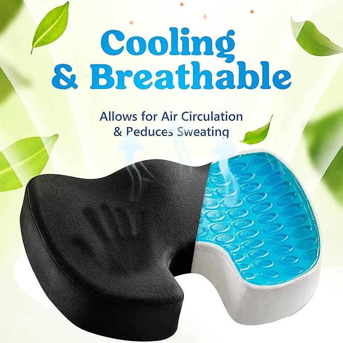 Cooling Gel Seat Cushion for Long Sitting - Memory Foam Chair Pillow for Sciatica Pain Relief - Orthopedic Gel & Memory Foam Coccyx Pad for Tailbone Pain - Office Chair Cushion for Back Pain