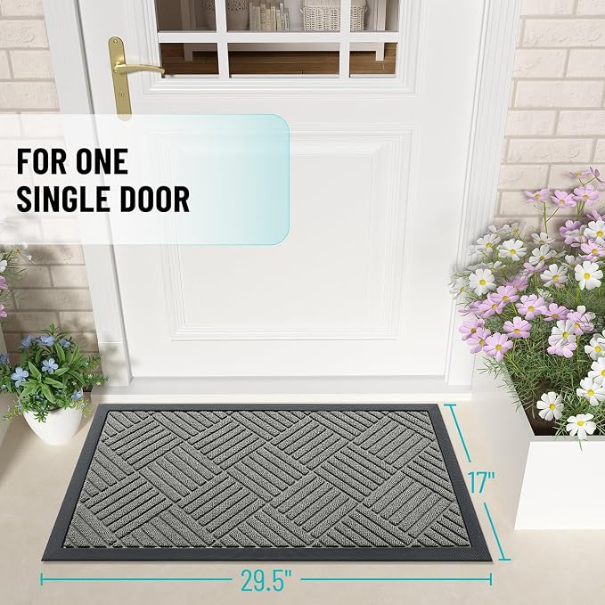 OLANLY Front Door Mat Outside Entrance 29.5x17, Absorbent, Heavy Duty Sturdy Natural Rubber Doormat Indoor Outdoor, Stain Fade Resistant, Non-Slip Low Profile Floor Mat Entryway, Modern Gray Diamond
