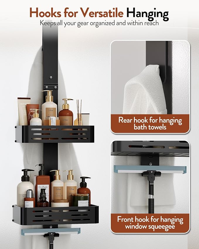 Orimade Aluminum Over the Door Shower Caddy, Rustproof Hanging Shower Organizer, Heavy Duty 44LB, Adjustable Height, Safe Rounded Edges, Bottom Plate to Hold Small Items, for Bathroom Storage, 2-Tier