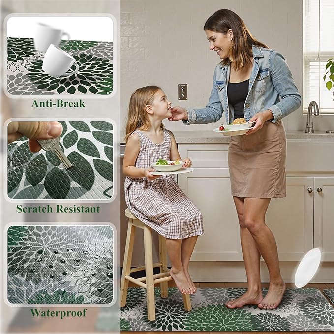Anti Fatigue Kitchen Mat 2PCS,Boho Dahlia Floral Kitchen Rugs Non Slip Rubber Backing,Waterproof Farmhouse Kitchen Mat for Floor,Cushioned Standing Mat Christmas Decor for Laundry,Sink,Desk,Green