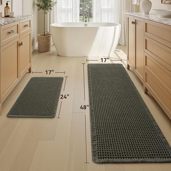 Upgraded Waffle Bath Mat Set of 2, Super Absorbent Non Slip Bath Mats for Bathroom Floor, Washable Boho Bathroom Rugs Set 2 Pieces with Tassels, Soft Bathroom Mat Set, Green, 17" x 24" Plus 17" x 48"