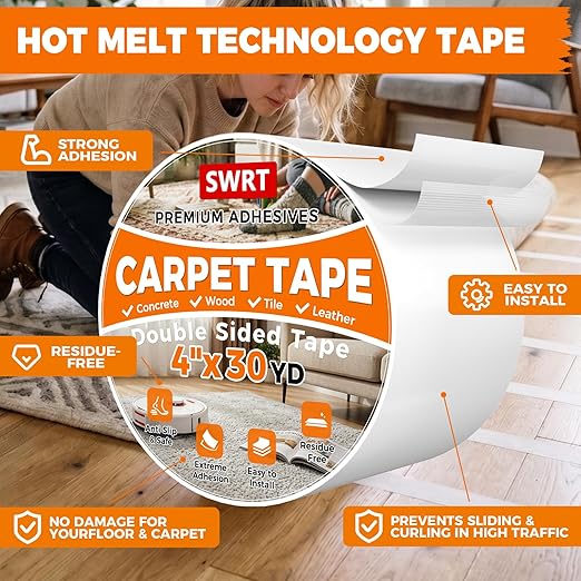 SWRT Carpet Tape Double Sided, 4 in x 30 Yards – Carpet Adhesive for Hardwood Floors, Heavy Duty Anti Slip Rug Grip Tape, Works as Rug Grippers, Residue Free, Wood Safe, Easy Removal for Tile