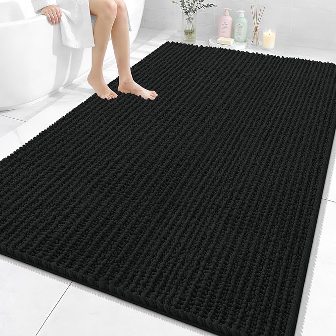 OLANLY Bathroom Rug Mat 70x46, Thick Soft and Absorbent Chenille Bath Mat, Non-Slip Rubber Backing, Machine Washable Quick Dry Bath Rugs for Tub Shower Floor, Home Decor Accessories, Black