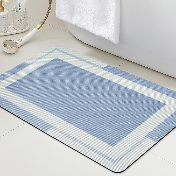 ACCUMTEK Non Slip Bath Mat, Thin Bathroom Rugs Fit Under Door, Quick Dry Bath Mats, Machine Washable Bath Rugs for Bathroom, Bathtub & Kitchen, Bathtub & Kitchen, Blue/Bordered/24 x17