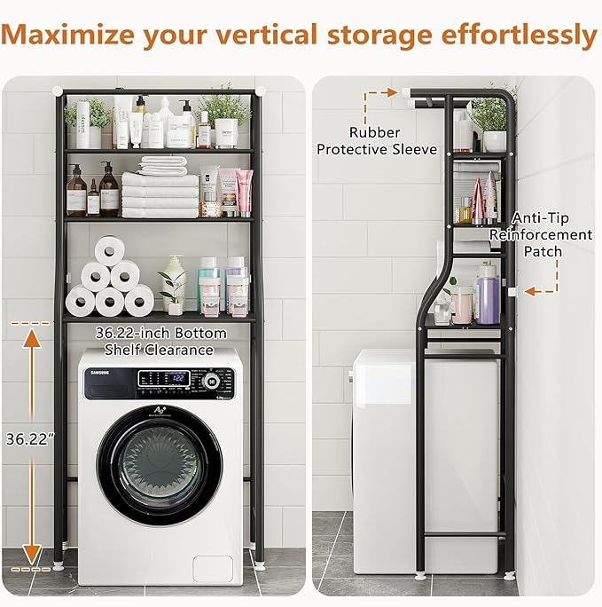 UDEAR 3-Tier Over The Toilet Rack,Bathroom Shelf Space Saver,Corner Stand Storage Organizer Accessories,the Washing Machine,with Hanging Rod,Tower Shelf,Black
