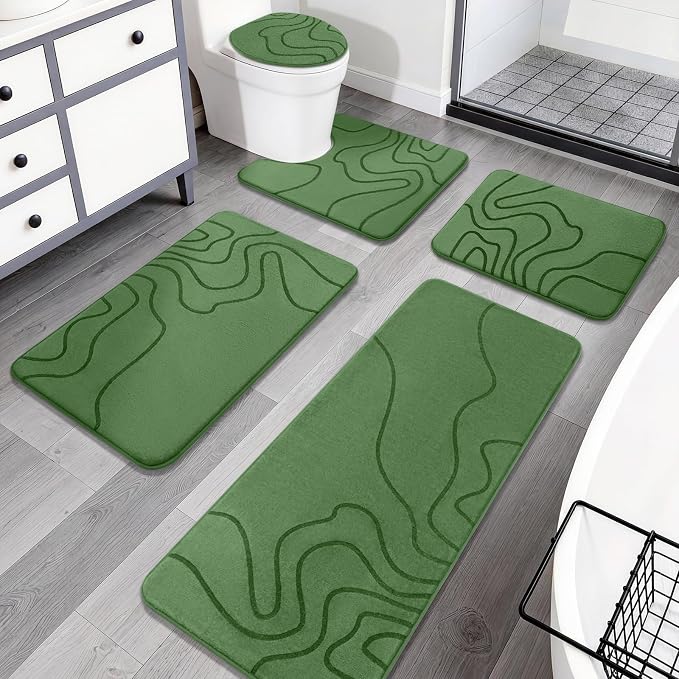 YIHOUSE Memory Foam Bathroom Rugs Sets 5 Piece - Extra Thick Ultra Soft Absorbent Bath Mat Set, Non-Slip Machine Washable Bath Rugs for Bathroom, Tub & Shower, Home Decor Accessories, Olive Green