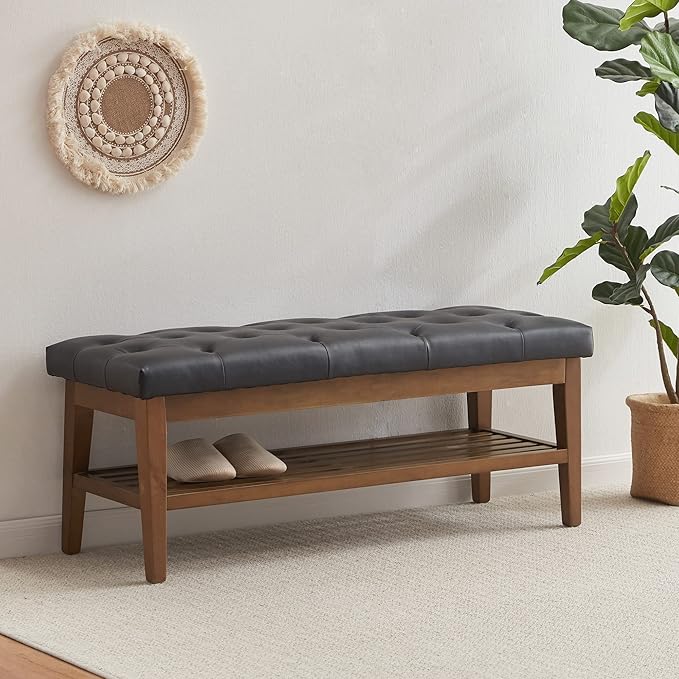 HUIMO Entryway Shoe Leather Bench, End of Bed Bench,PU Button-Tufted Indoor Bench,Ottoman Bench for Living Room, Padded Bench with Solid Wood Shelf,Kitchen Leather Seat Dining,Black