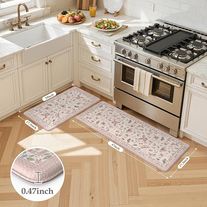 LEEVAN Anti Fatigue Mats for Kitchen Floor Non-Slip, Cushioned Kitchen Mats for Floor 2 Piece, Pink Memory Foam Kitchen Mat Set, Waterproof Ergonomic Standing Mat for Bar, Office,Desk, Laundry