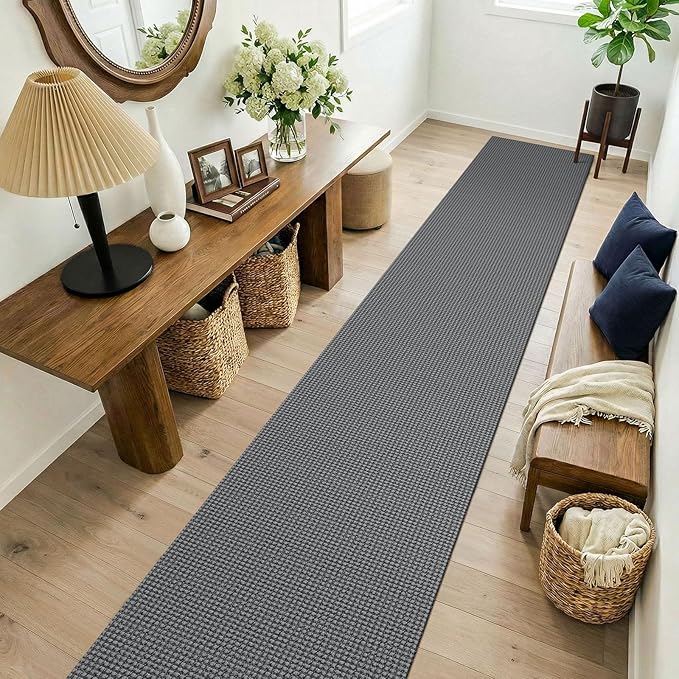 KOZYFLY Cotton 2x14 Runners Rugs for Hallway, Long Washable Runner Rug, Woven Non Slip Kitchen Runner, Flatweave Entryway Rug, Floor Carpet for Entry, Aisle, Hall, Grey/Dark Grey