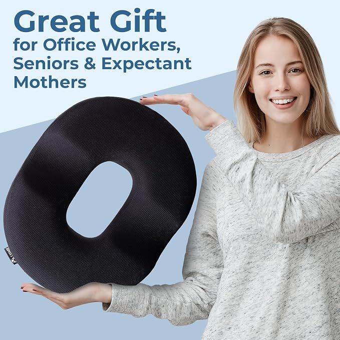 5 STARS UNITED Donut Pillow for Tailbone Pain & Hemorrhoids – Large Memory Foam Seat Cushion with Cooling Gel Layer for Bed Sore-Prone Areas & Pressure Relief – Black Mesh Cover