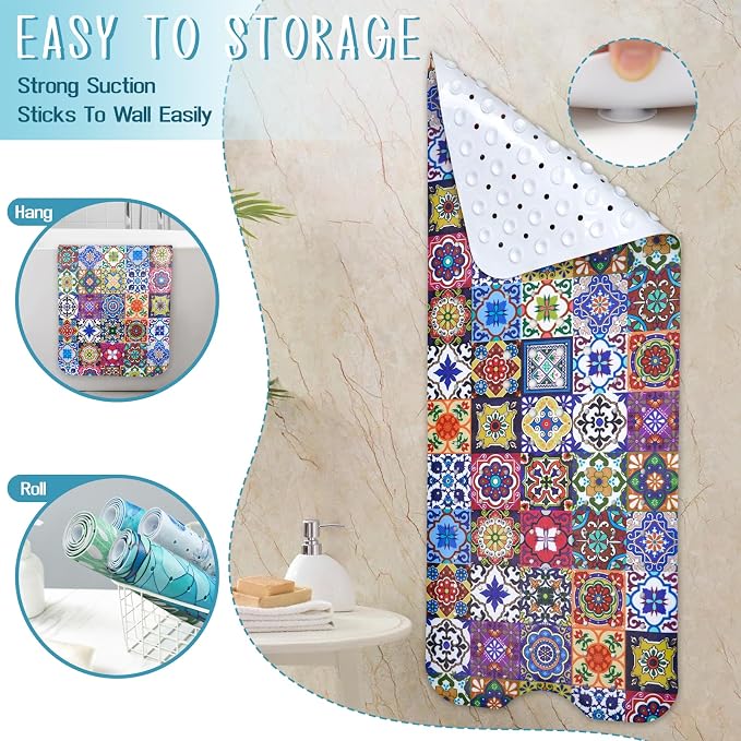 Boho Bathtub Mat Non Slip, Vintage Bath Tub Mat Baby Bath Mats for Bathroom Anti Slip Shower Mats for Inside Shower, Colorful Floral Bathmat with Suction and Drain Holes Machine Washable, 40″x16″