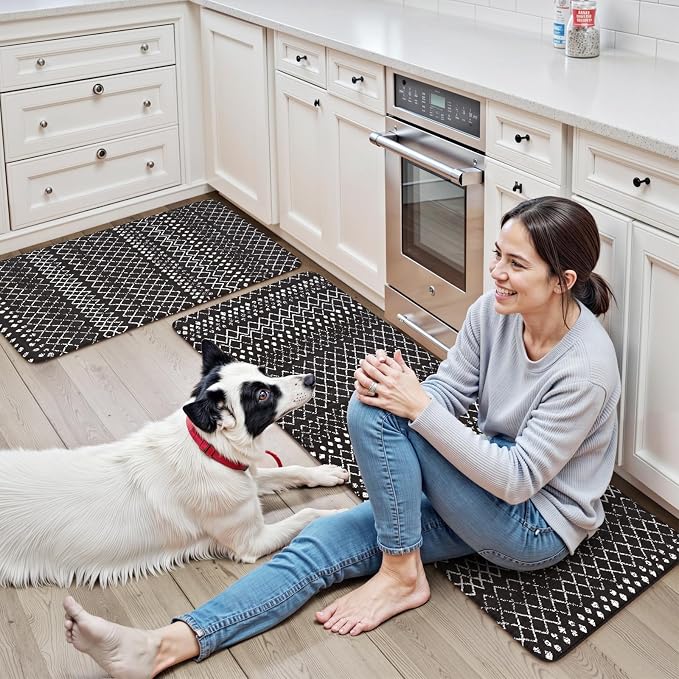 KIMODE Anti Fatigue Mats for Kitchen Floor 17"x47"+17"x29", Black Boho Distressed Kitchen Rugs Sets of 2, Cushioned Kitchen Floor Mats, Non Slip Standing Mats for Sink Laundry Room Decor Office Desk
