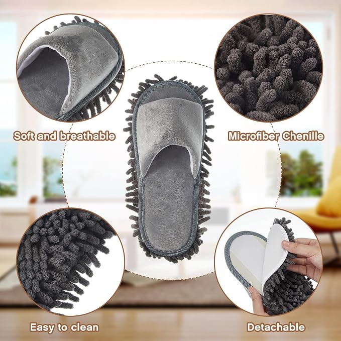 Jecery 2 Pairs Microfiber Cleaning Mop Slippers for Floor Cleaning House Mop Shoes Men and Women Washable Unisex Dusting Slippers Dirt Tool Supplies(Large,Gray, Pink)