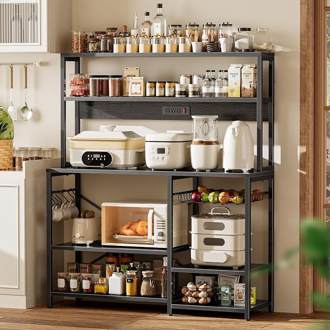 SUPERJARE Bakers Rack with Power Outlet, 47.2 Inches Coffee Bar with 3 Level-Adjustable Open Shelves, Wire Basket, Kitchen Microwave Stand with 6 S-Shaped Hooks, Black