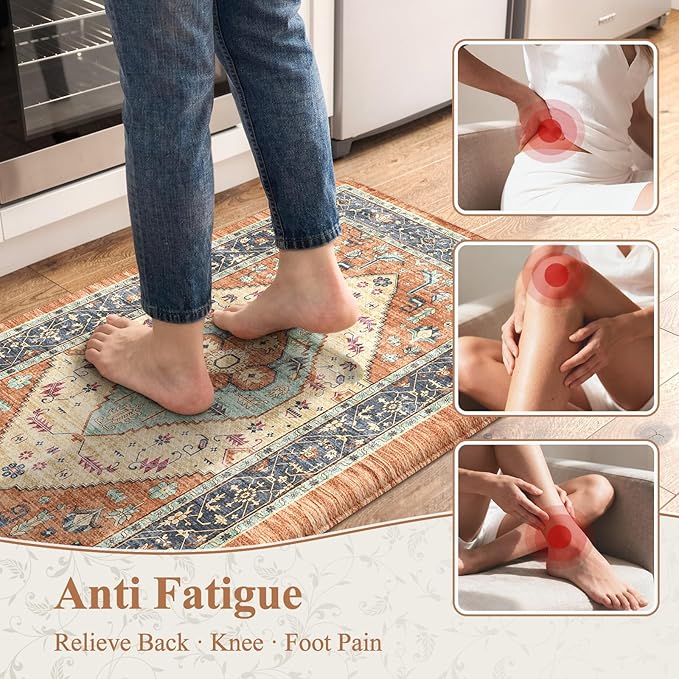 KIMODE Anti Fatigue Kitchen Mat for Floor, Boho Orange Kitchen Rugs Sets of 2, Cushioned Kitchen Floor Mats, Fall Kitchen Rugs Non Slip for Halloween Sink Laundry Desk Home 17"x47"+17"x29"