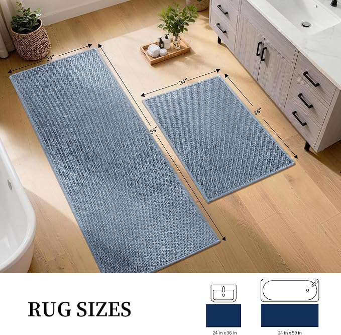 YIHOUSE Long Large Bathroom Rugs Sets 2 Piece, Quick Dry Thin Bath Mat, Non Slip Absorbent Machine Washable, Bath Runner Rug for Tub Sink Home Decor (24"x36" + 24"x59",Navy Blue)