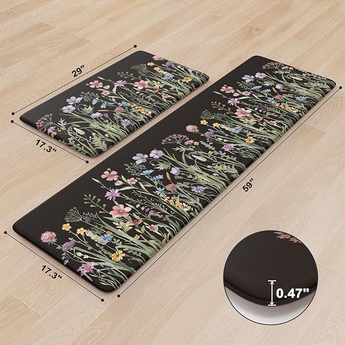 KIMODE Kitchen Mats Cushioned Anti Fatigue, Black Farmhouse Kitchen Rugs Sets of 2, Padded Kitchen Floor Mats, Non Slip Standing Mat for Sink, Laundry, Office, Desk 17"x59"+17"x29"