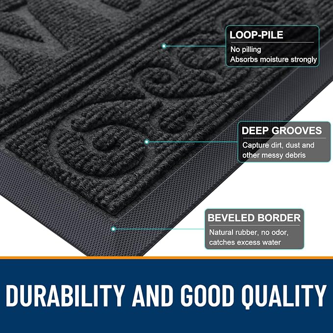 OLANLY Welcome Door Mat Indoor Outdoor Entrance, Heavy Duty Sturdy Front Door Mat, Waterproof All-Weather Doormat, Stain Resistant, Low Profile, Easy Clean Patio Entryway Mat, 36 x 24, Black