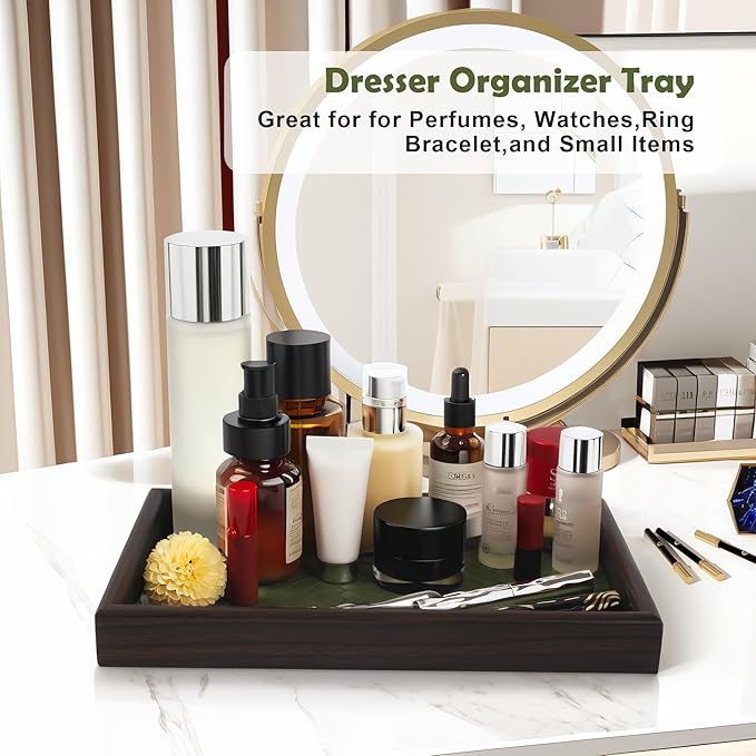 Wooden Valet Tray with Leather Base - Nightstand Catchall Organizer for Cologne, Perfume, Keys, Wallet, Phone, Watch, Jewelry & Sunglasses (2Pcs Green)