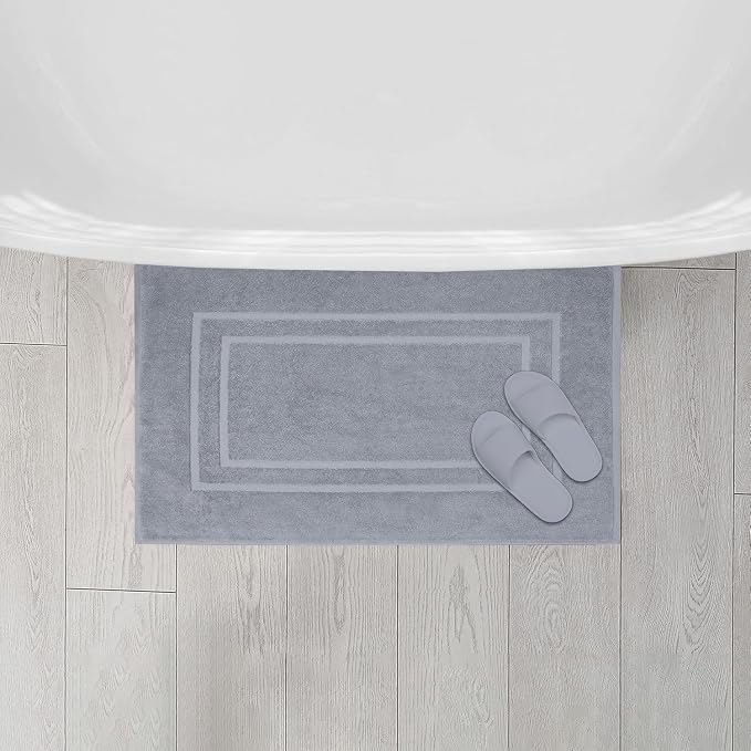 Feather & Stitch 2 Piece Towel Like Bath Mats (30x21 Inch) 100% Cotton Terry Bath Mats, Bathroom Shower Floor Mats [NOT A Bathroom Rug], Soft Absorbent Washable Mats - Grey