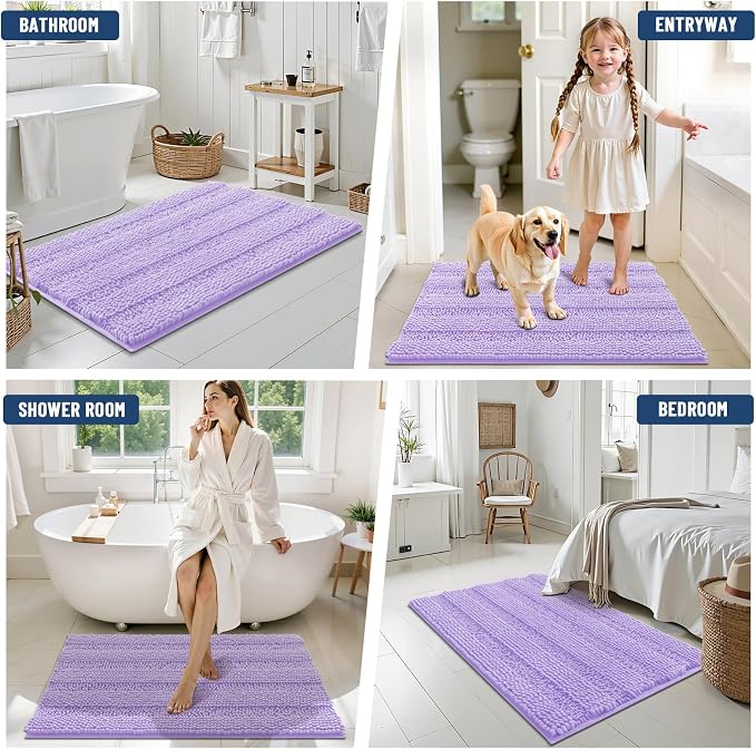 Grandaily Chenille Striped Bathroom Rugs 24x16, Extra Thick and Soft Absorbent Bath Mats, Rubber Backing, Plush Shaggy Shower Carpet, Machine Wash Dry, Bath Rug for Bathroom, Light Purple