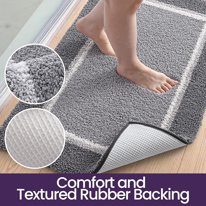 DEXI Bathroom Rugs 24x16, Absorbent Extra Soft Plush Microfiber Bath Mat for Bathroom, Non Slip Washable Bathmat Quick Dry for Shower Floor, Sink, Tub, Laundry Room, Light Grey