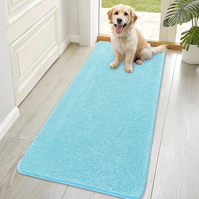 OLANLY Dog Door Mat for Muddy Paws 70x35, Absorbs Moisture and Dirt, Absorbent Non-Slip Washable Doormat, Quick Dry Chenille Mud Mat for Dogs, Entry Indoor Entryway Carpet for Inside Floor, Blue
