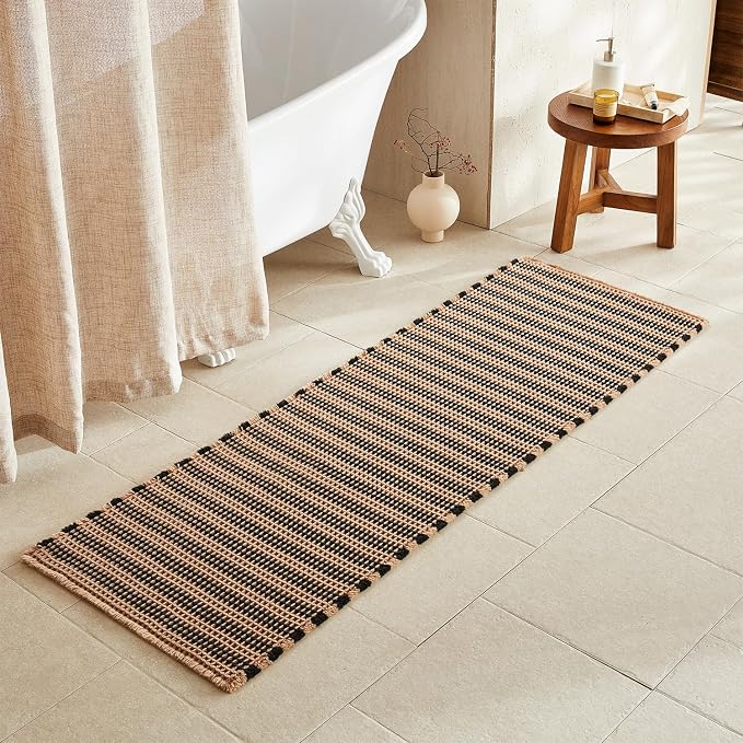 TYUU Waffle Runner Rug Bathroom, Long Boho Bathroom Rugs Non Slip Washable Super Absorbent Quick Dry Farmhouse Bath Decor, 72"x24" Black and Khaki