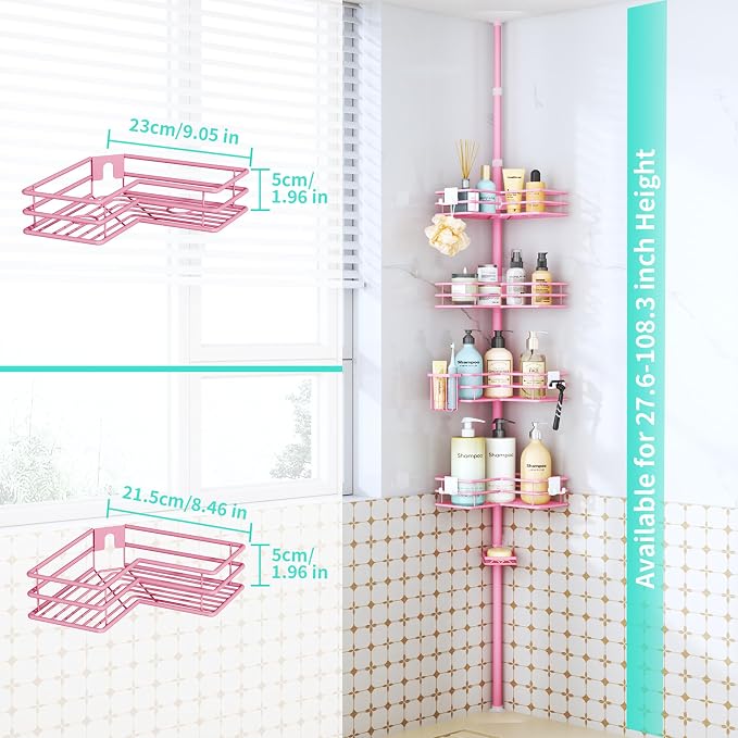 HapiRm Corner Shower Caddy Organizer - Shower Organizer Corner with Soap Holder, Toothbrush Holder and 4 Hooks, Rustproof Bathroom Shelf Tension Pole Available for 27.6 to 108.3 Inch - Pink