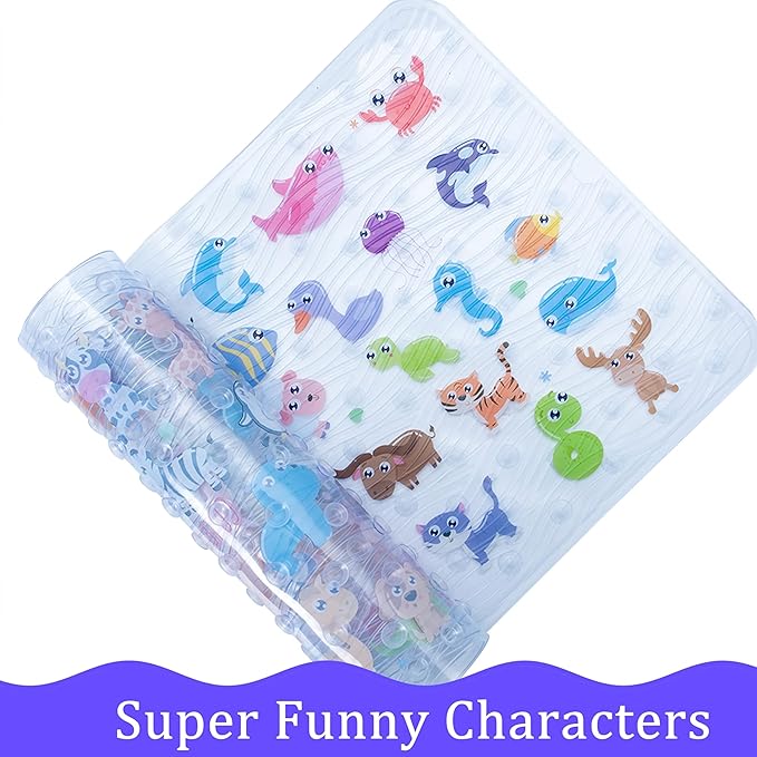 BEEHOMEE Bath Mats for Tub Kids,Baby Toddler - Large Cartoon Non-Slip Bathroom Bathtub Anti-Slip Shower Mats for Floor 35x15,Machine Washable XL Size Bathroom Mats (Zoo)