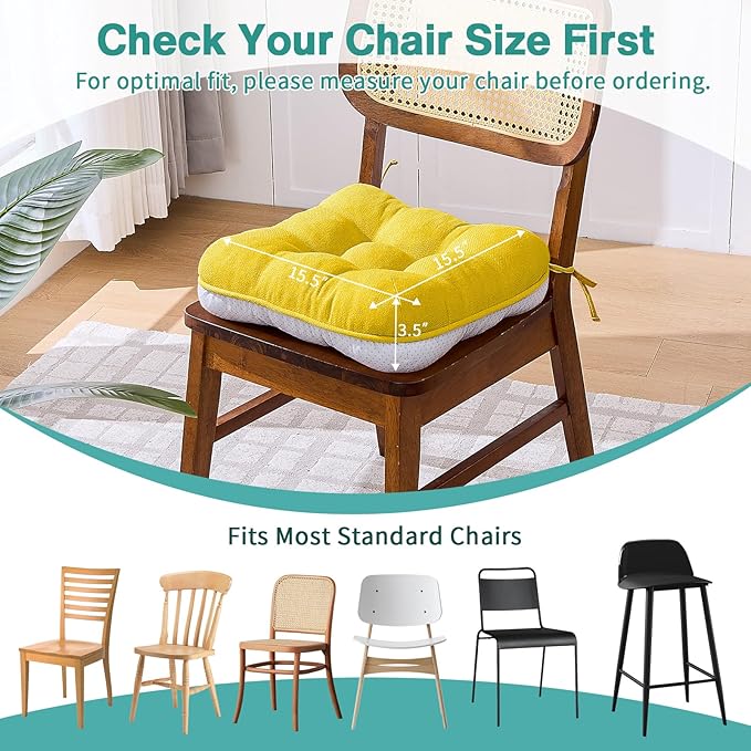 BETU Chair Cushions for Dining Chairs Set of 4,3.5" Thick Kitchen Table Chair Pads with Ties,Non Slip Backing and Covers, Seat Cushion for Dining Room,Bar,Patio Chairs,15.5"X15.5"X3.5",Gold