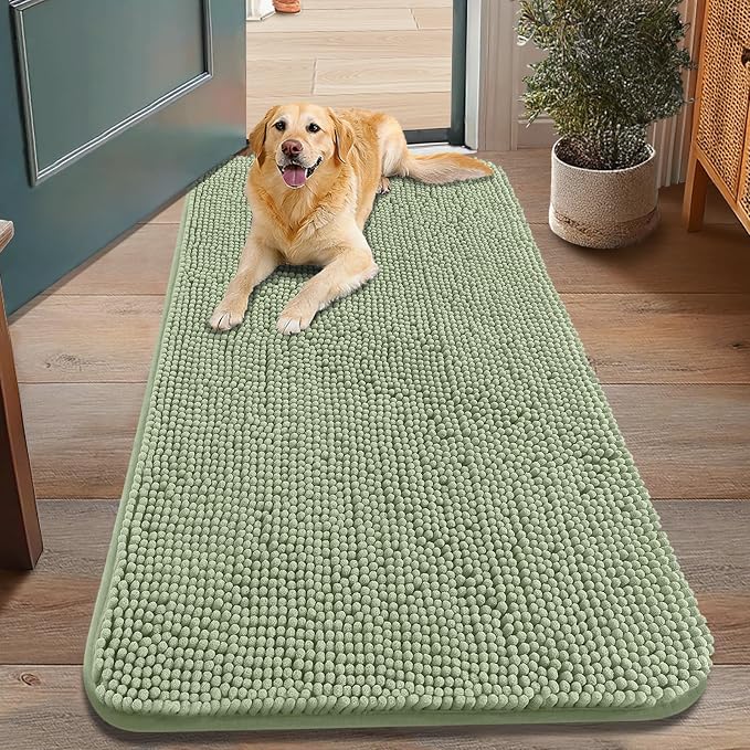 Smiry Dog Door Mat for Muddy Paws 48x30, Absorbent Dirt Trapper, Non-Slip Washable Chenille Entryway Rug for Inside Floor, Sage Green, Classic Solid