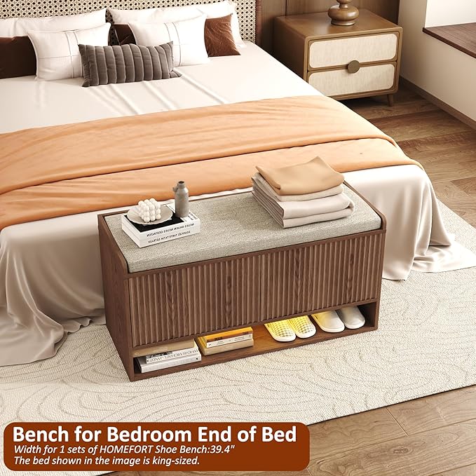 HOMEFORT 39.4" Fluted Shoe Storage Bench, Entryway Bench with Linen Seat Cushion, Shoe Cabinet Bench with Adjustable Shelf and Built-in LED Sensor Light, Bench for Bedroom End of Bed,Walnut