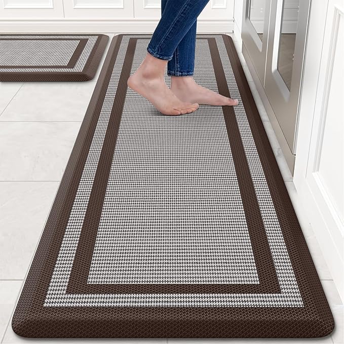 KitchenClouds [2 PCS Kitchen Rugs Cushioned Anti-Fatigue Kitchen Mats for Floor Waterproof Kitchen Rug Set Non-Slip Comfort Standing Mat for Office, Sink, Laundry 17.3"×28"+17.3"×60",Chocolate