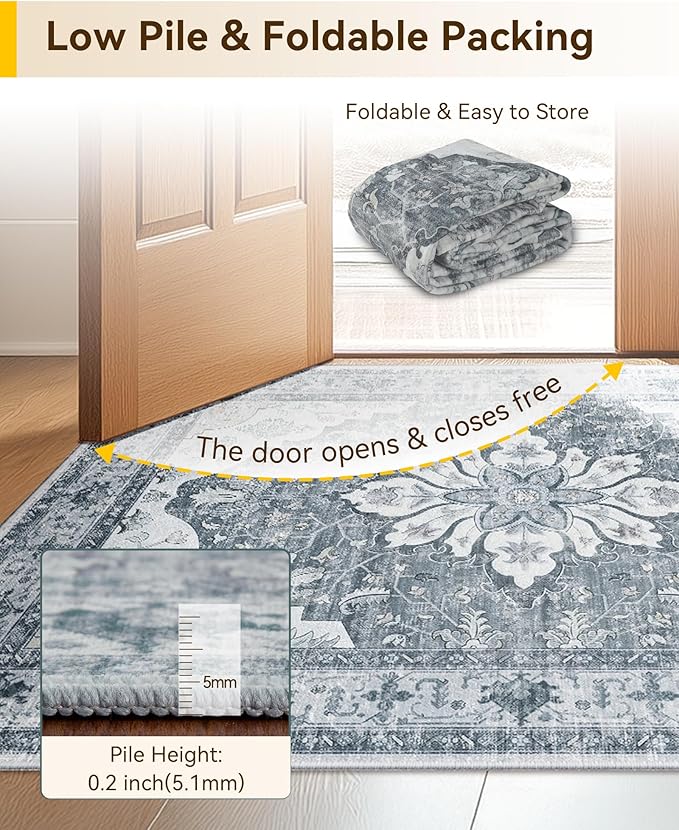 RELEANY Area Rugs 6'x8' Washable Non-Slip, Floral Vintage Distress Medallion Carpet for Living Room Bedroom Dining Room, Light Gray Grey White