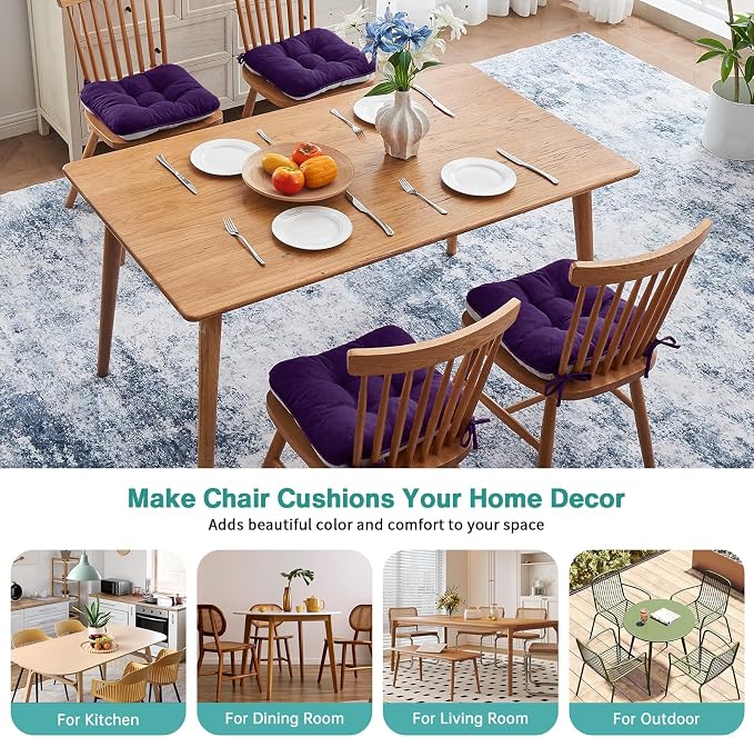 BETU Chair Cushions for Dining Chairs Set of 4,3.5" Thick Kitchen Table Chair Pads with Ties,Non Slip Backing and Covers, Seat Cushion for Dining Room,Bar,Patio Chairs,15.5"X15.5"X3.5",Dark Purple