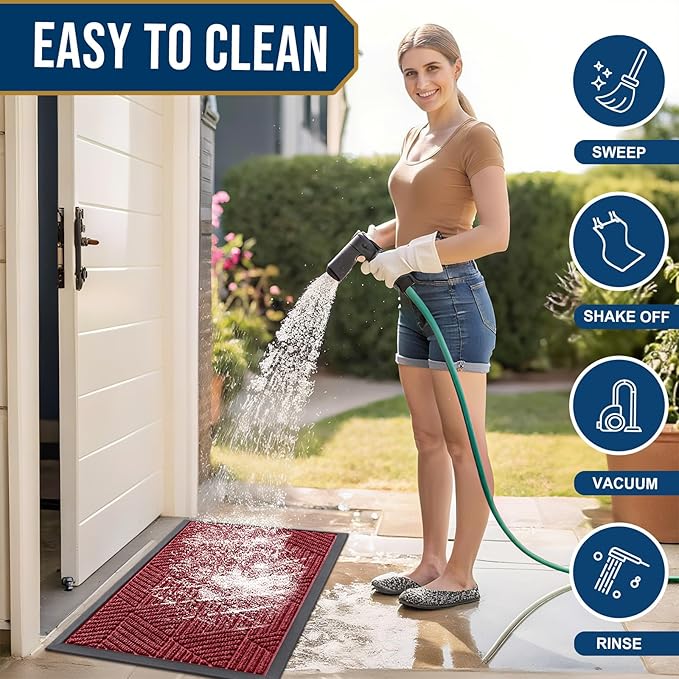 Smiry Front Door Mat Outside Entrance, Heavy Duty Sturdy Natural Rubber Doormat, Trap Dirt and Moisture, Easy Clean Low Profile Mats for Indoor Outdoor Entry, Irregular Triangle (47x32, Wine Red)