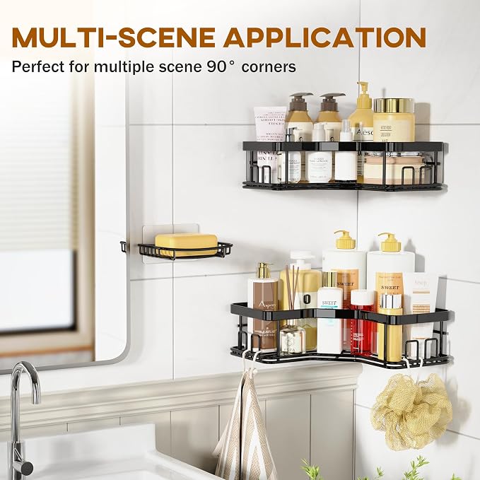 MAXIFFE 3 Pack Corner Shower Caddy with Soap Holder, Large Capacity Sturdy Easy Install No Drilling Stainless Steel Hold 40 LBS Shower Organizer Shelves Rack Storage for Family Renters Bathroom, Black
