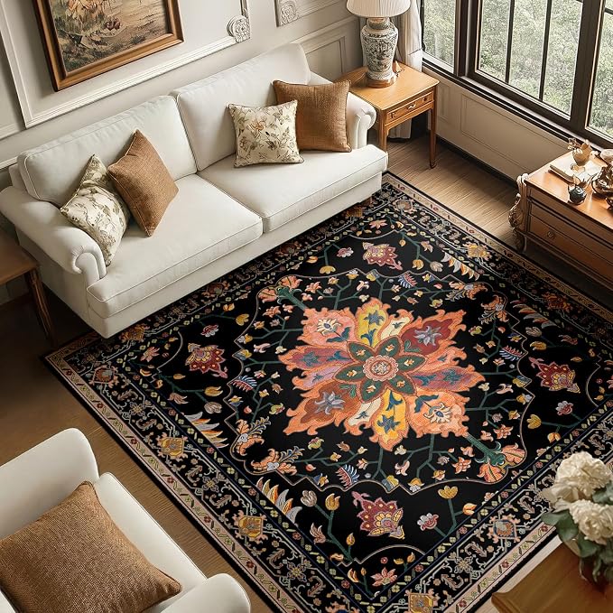RELEANY Area Rugs Square 6ft Washable Non-Slip, Floral Vintage Distress Medallion Carpet for Living Room Bedroom Dining Room, Black Colorful Floral Dark Tan