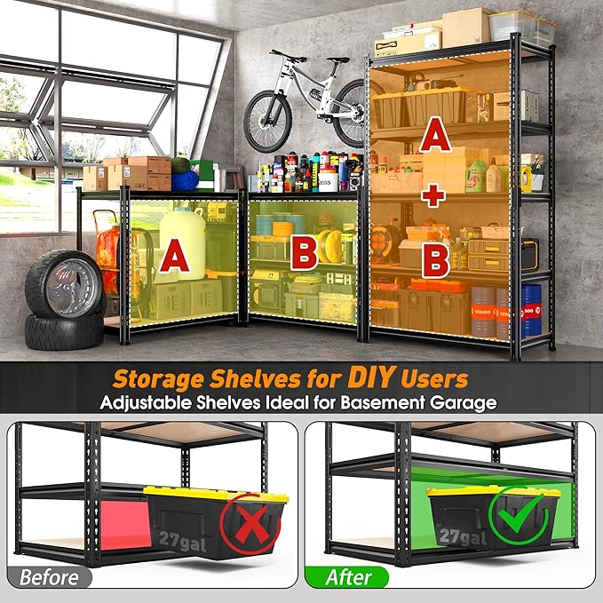 REIBII 2400LBS Garage Shelving Heavy Duty,5 Tier Storage Shelves Adjustable Metal Shelving Unit,Garage Shelves for Basement,Warehouse,Commercial,Pantry,Closet,Kitchen 72x35.55x16,Black