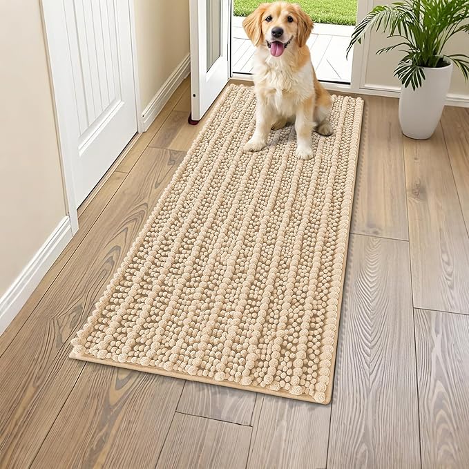 Smiry Dog Door Mat for Muddy Paws 47x17, Absorbent Dirt Trapper, Non-Slip Washable Chenille Entryway Rug for Inside Floor, Beige, Layered Pattern