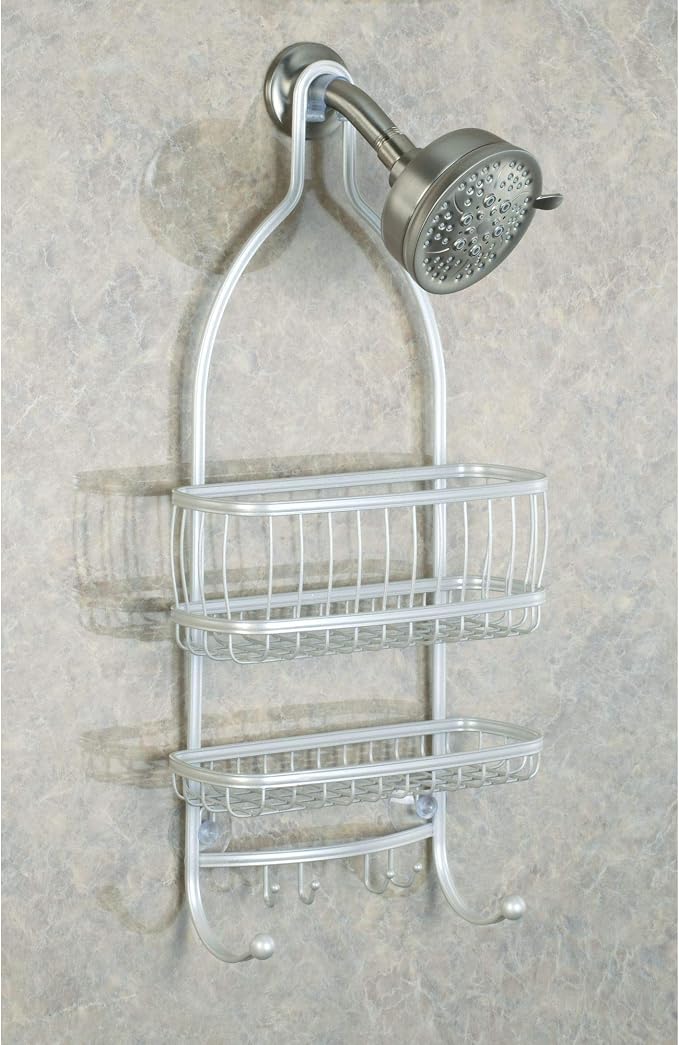 iDesign - 61974 York Metal Wire Hanging Shower Caddy, Extra Wide Space for Shampoo, Conditioner, and Soap with Hooks for Razors, Towels, and More, 10" x 4" x 22", Pearl White