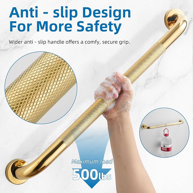 Grab Bars for Shower, Zynuhmo 2 Pack 24 Inch Anti Slip Safety Grab Bar 1.25" Diameter Stainless Steel Shower Handrails for Handicap Injury Pregnant Senior Assist Bath Shower Handles(Titanium Gold)